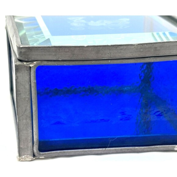 Stained Glass Trinket Box Cobalt Blue Mirrored Bottom Etched Stage Coach Hinged‎ - Picture 9 of 16
